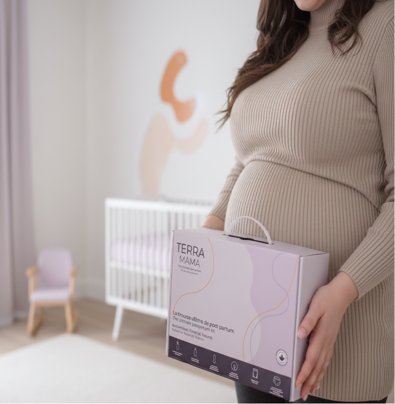 Pregnant person holding a 'Terra Mama' Kit 