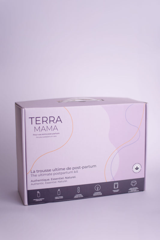 TerraMama ultimate postpartum care kit with six essentials for afterbirt.
Kit de soins post-partum TerraMama avec six essentiels pour la periode après l’accouchement