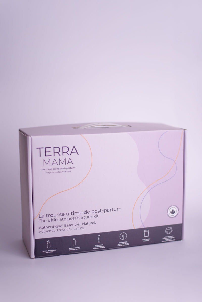 TerraMama ultimate postpartum care kit with six essentials for afterbirt.
Kit de soins post-partum TerraMama avec six essentiels pour la periode après l’accouchement